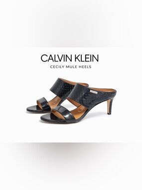 Calvin Klein Black Patent Two-Band Mule Heels